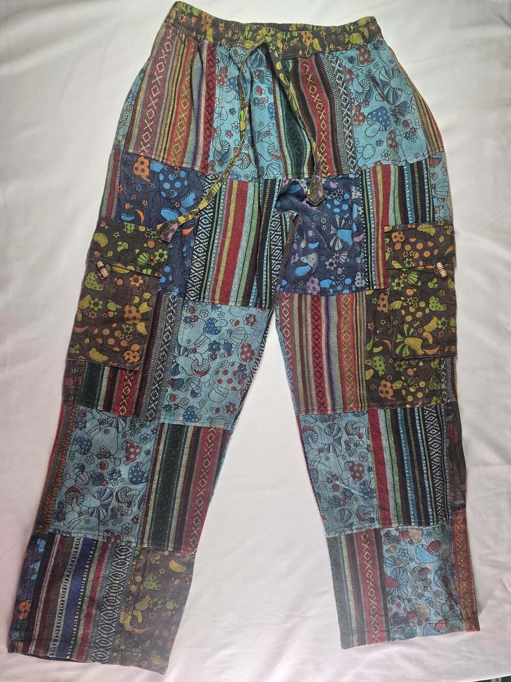 Kathmandu Imports Mushroom Patchwork Hippie Boho Cotton Cargo Pants S/M